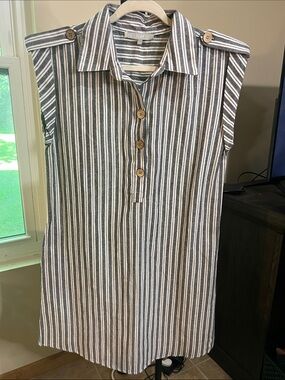 Sleeveless Striped Shirt Dress - Gray & White